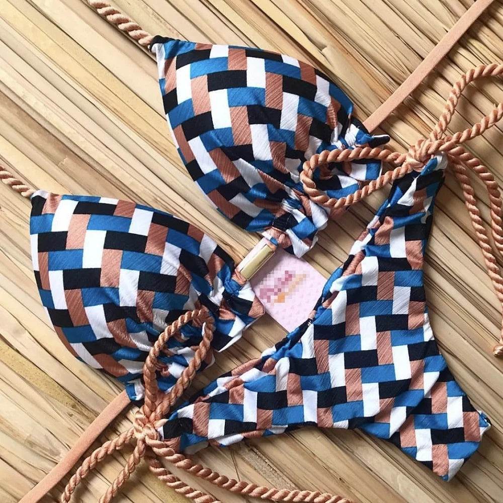 Sexy Print Knotted Rope Side Women's String Bikini Swimsuit